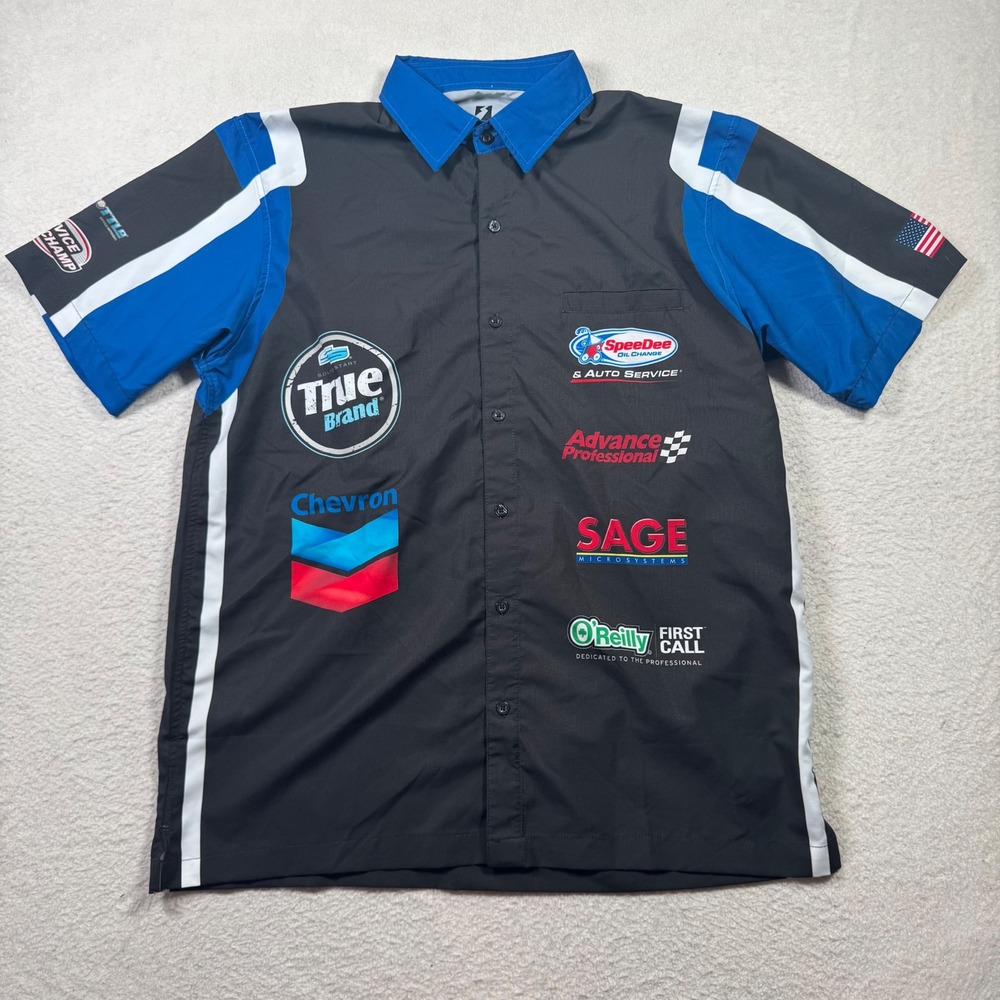 Eversole‎ Run Racing Shirt Mens L Black Blue NASCAR Mobil 1 Multi-Logo Racing